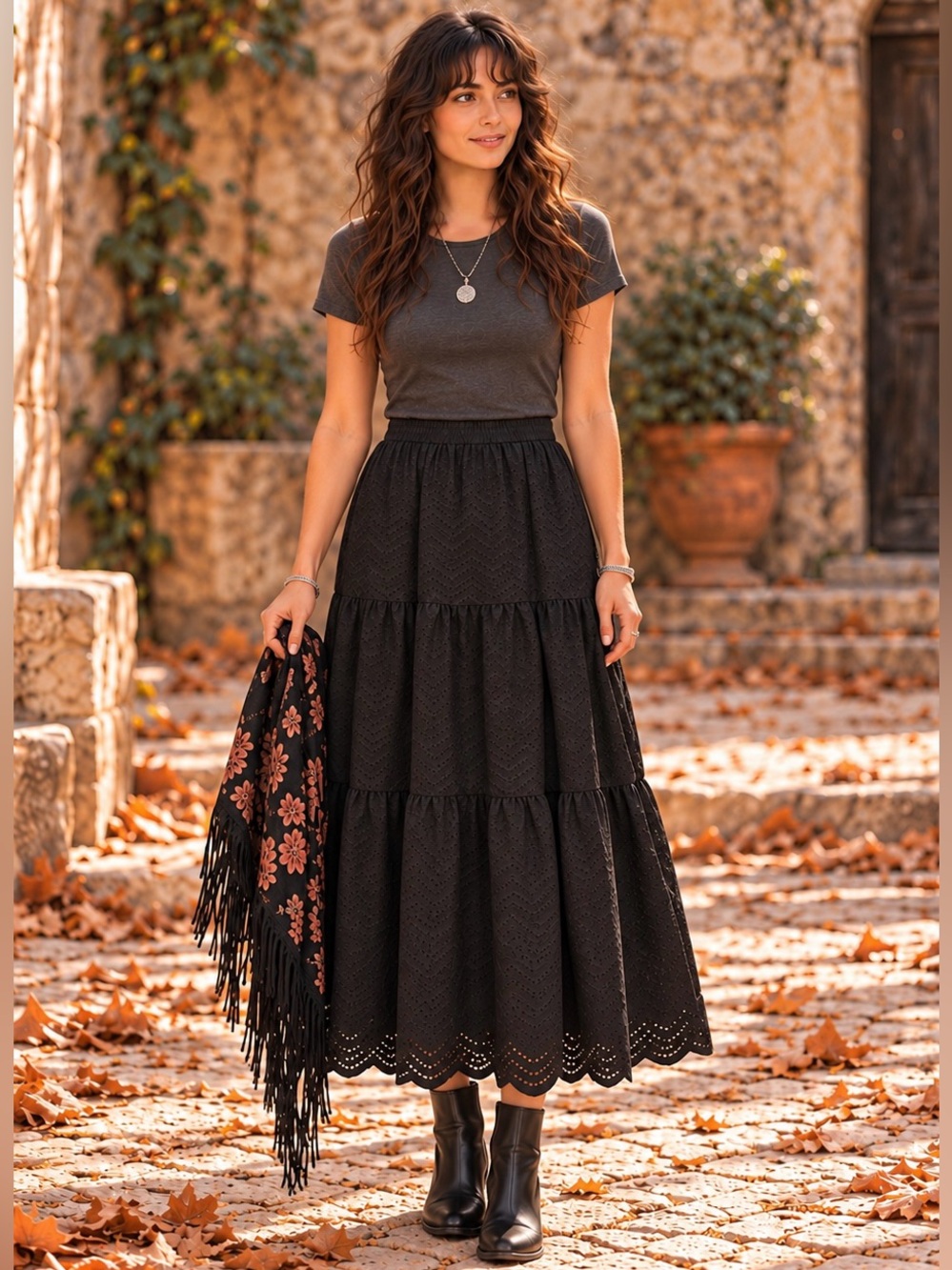 ee:some Black Zig Zag Patterned Lace Tiered Midi Skirt Elastic Waist Size Small